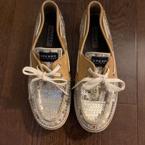 Sequin SPERRYS in silver and tan, size 8